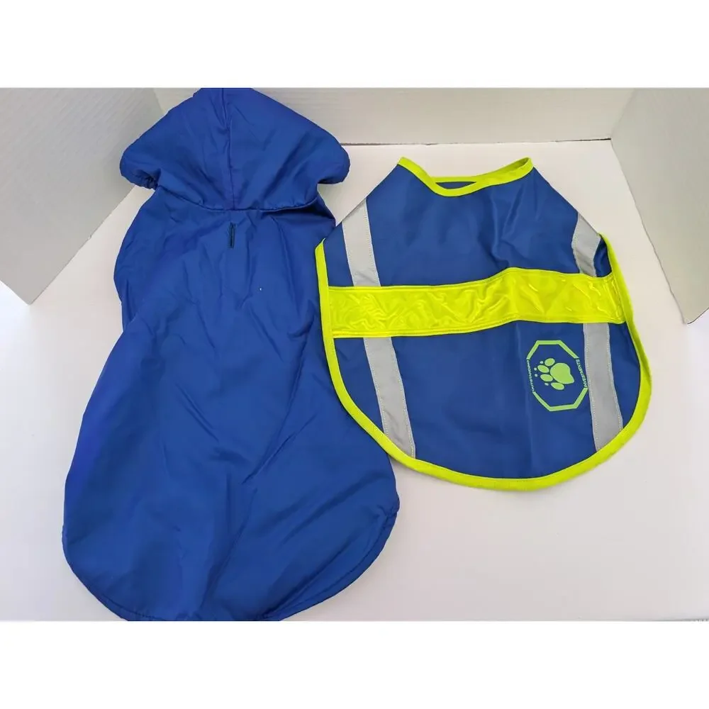 Two-Piece Blue Dog Coat Set Hooded Fleece Lined Jacket and Reflective Vest Small